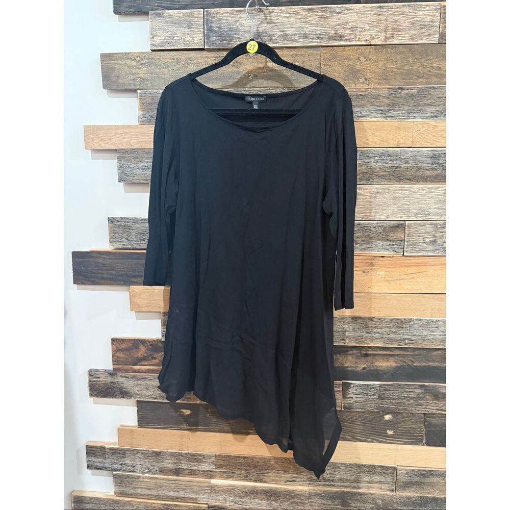 Eileen Fisher Black 100% silk asymmetrical hemline tunic size L